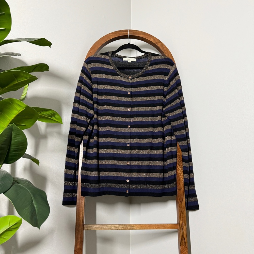 LOFT XL Metallic Stripe Wool Blend Button Front Knit Cardigan Sweater